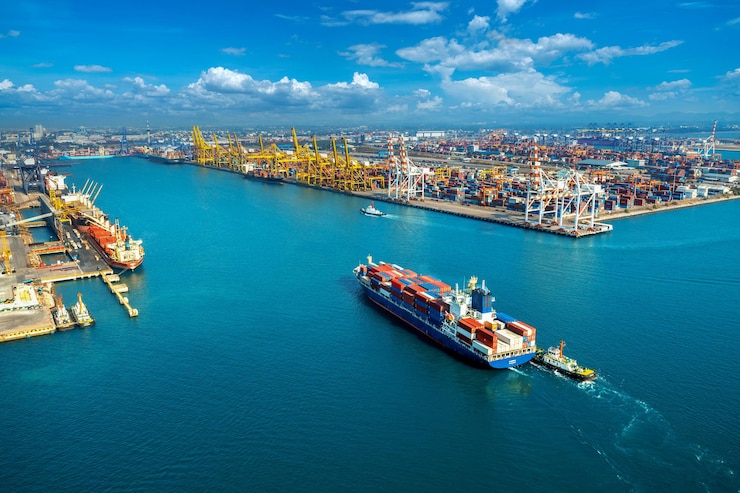 Foto grátis vista aérea de um navio de carga e de um contêiner de carga no porto
