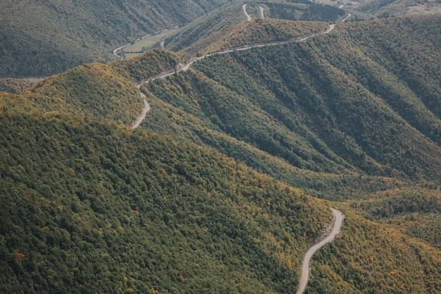 Vista aérea de uma estrada rural passando por árvores e montanhas