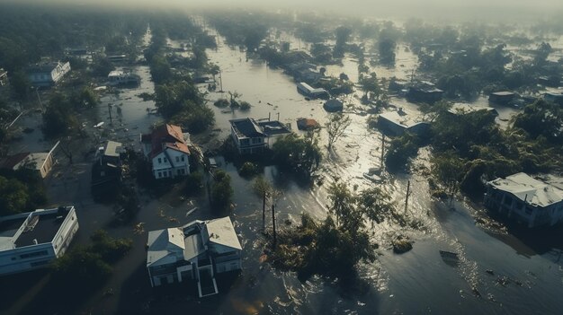 Vista aérea de uma inundação e devastação natural