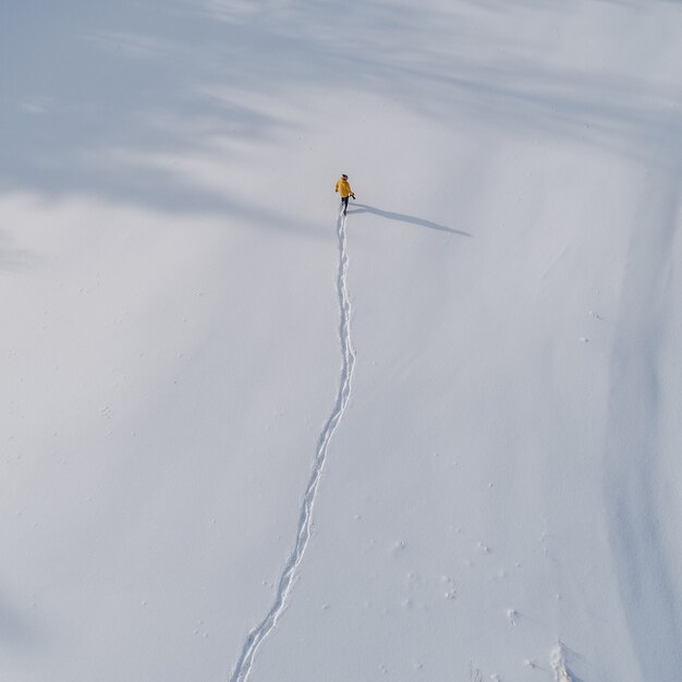 Vista aérea de uma pessoa caminhando em um campo coberto de neve