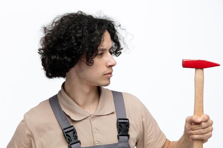 Foto grátis vista aproximada de um jovem trabalhador da construção civil suspeito vestindo uniforme segurando o martelo olhando para ele isolado no fundo branco