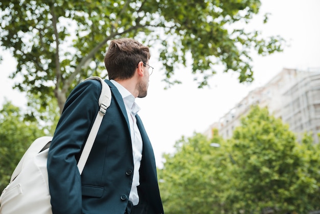 Vista baixa ângulo, de, um, homem negócios fica, sob, a, árvore, olhar, predios