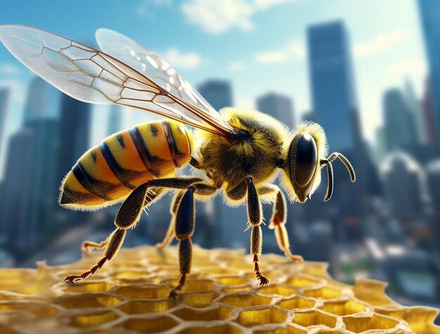 Vista da abelha 3d com favo de mel