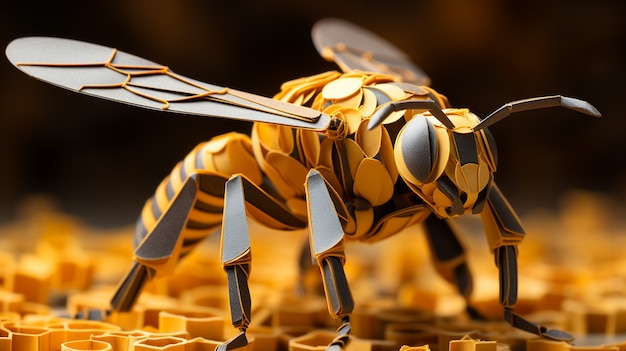 Vista da abelha 3d com favo de mel