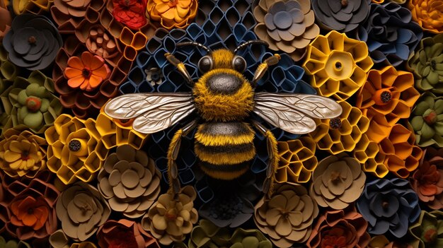 Vista da abelha 3d com flores