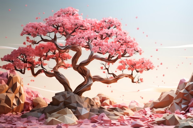 Vista da árvore 3d com lindas folhas cor de rosa e fundo do céu