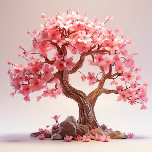 Vista da árvore 3d com lindos galhos e folhas rosa