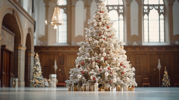 Vista da árvore de natal decorada com enfeites