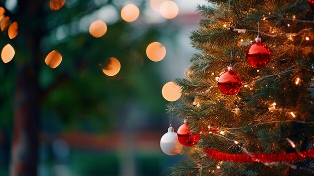 Vista da árvore de natal lindamente decorada ao ar livre