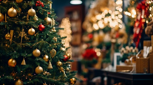 Vista da árvore de natal lindamente decorada em bar ou restaurante