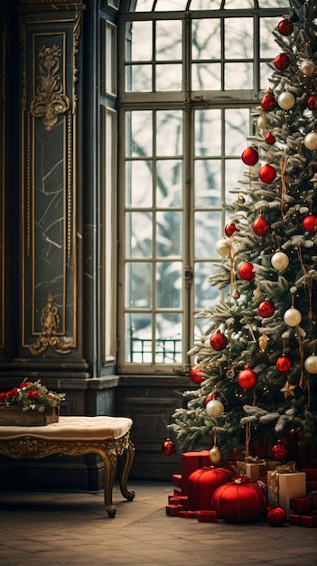 Vista da árvore de natal lindamente decorada em casa