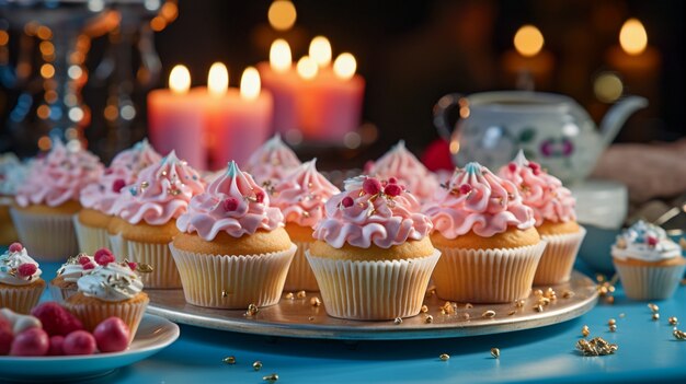 Vista da bandeja cheia de deliciosas e doces sobremesas de cupcake