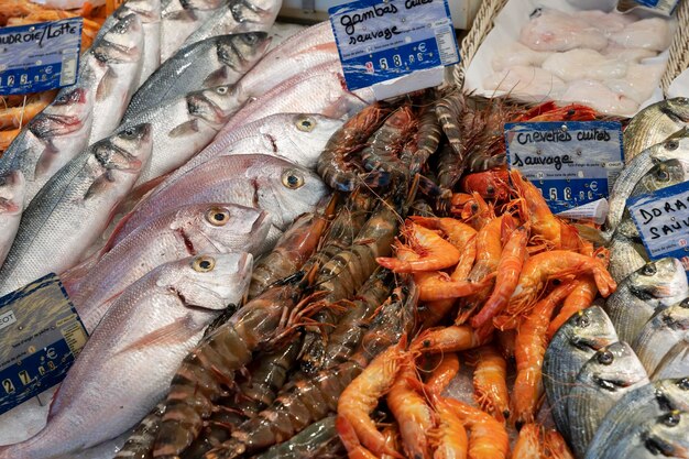 Vista da barraca de peixe no mercado de Sanarysurmer