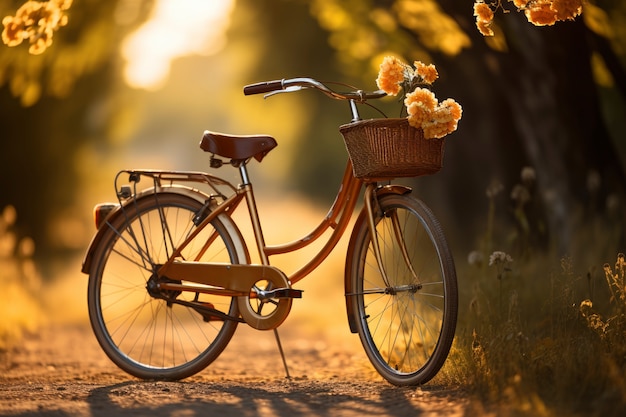 Vista da bicicleta com cesta de flores