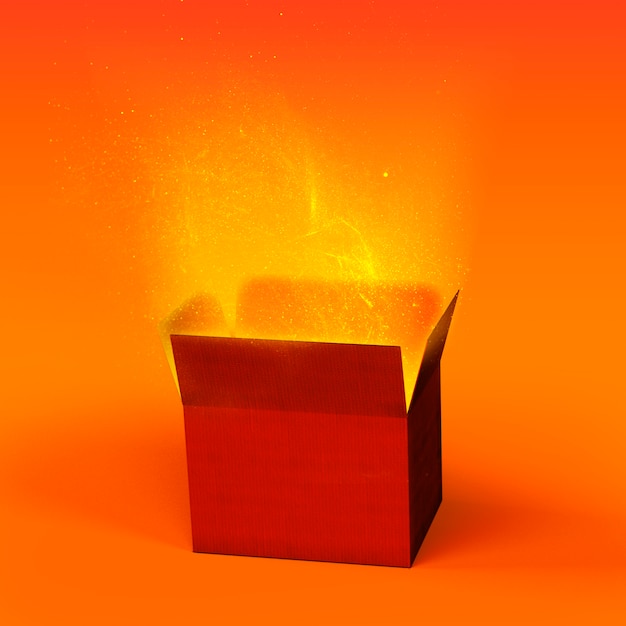 Vista da caixa de papelão misteriosa com luz brilhante vindo de dentro