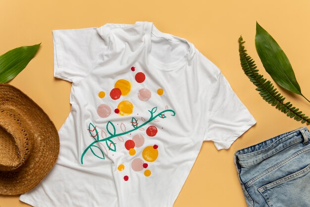 Vista da camiseta branca colorida pintada à mão