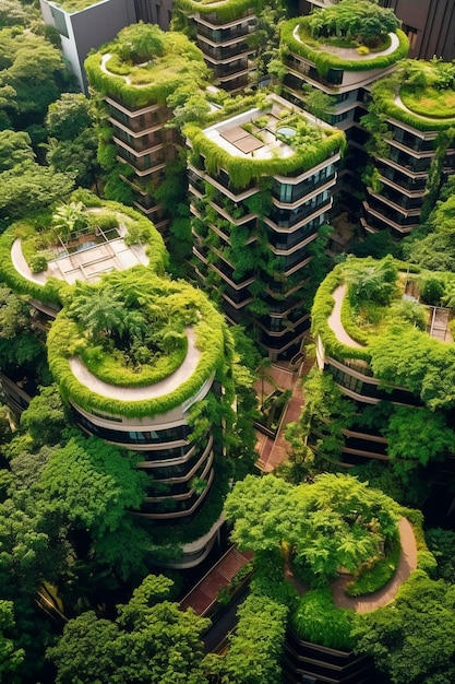 Vista da cidade com prédios de apartamentos e vegetação verde