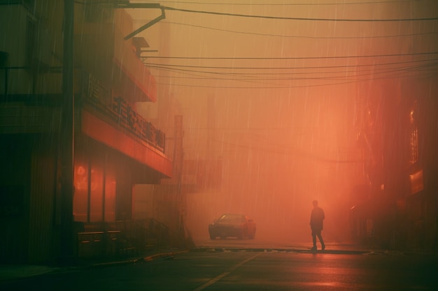 Vista da cidade escura urbana com neblina