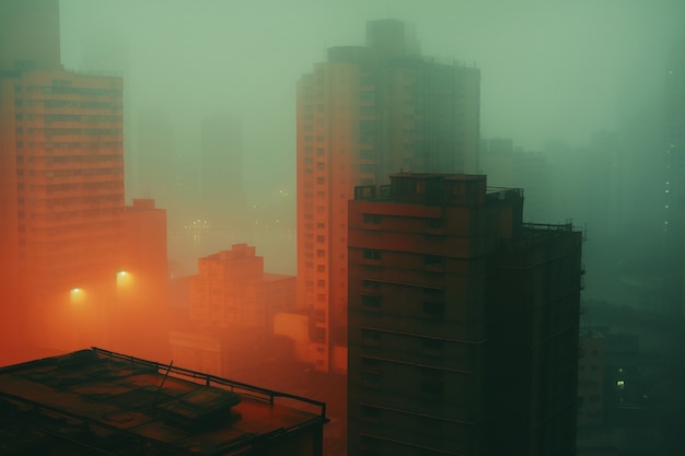 Vista da cidade escura urbana com neblina