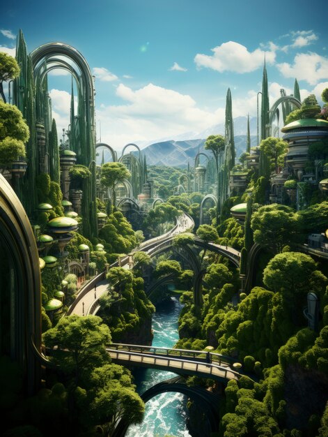 Vista da cidade futurista com muita vegetação e vegetação