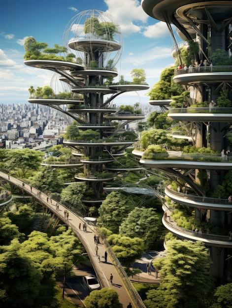 Vista da cidade futurista com muita vegetação e vegetação