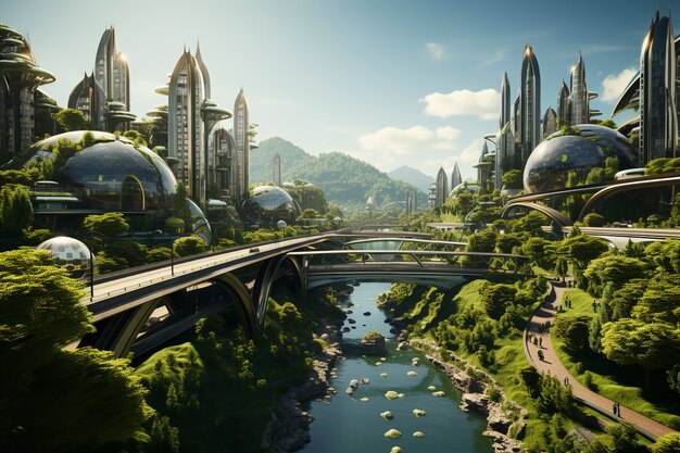 Vista da cidade futurista com muita vegetação e vegetação