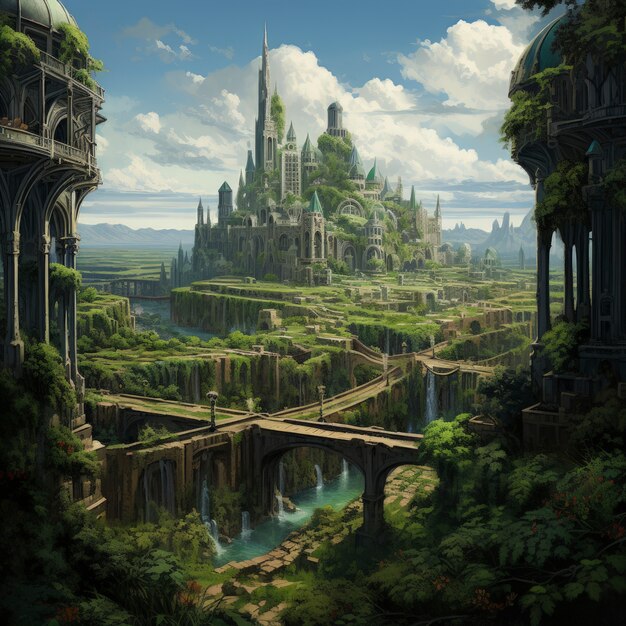 Vista da cidade futurista com vegetação e vegetação