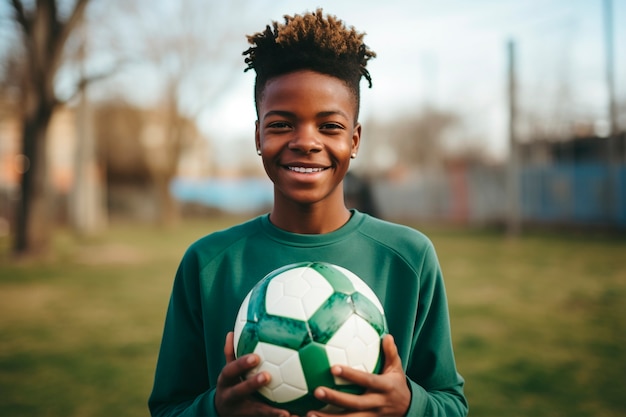 Vista da criança com bola de futebol