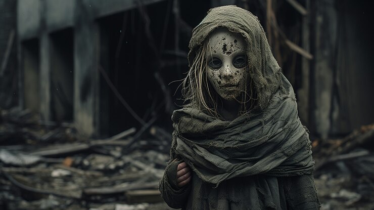 Foto grátis vista da criança misteriosa com máscara assustadora