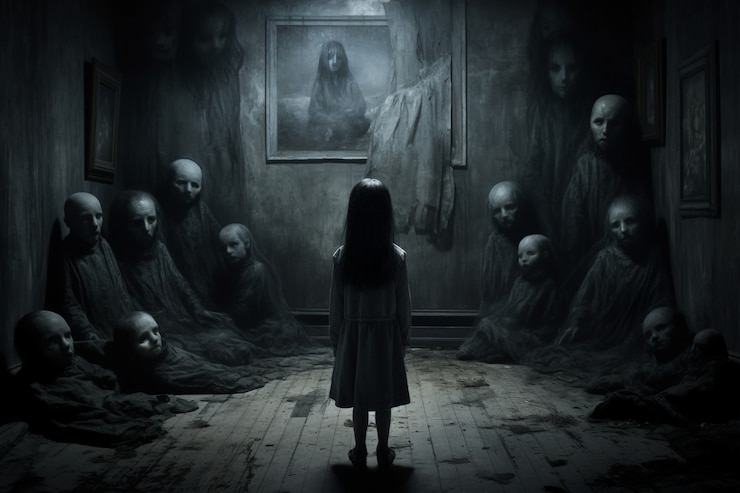 Foto grátis vista da criança no quarto escuro olhando para coisas assustadoras