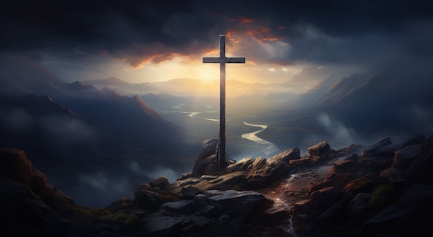 Vista da cruz religiosa 3d com clima sombrio