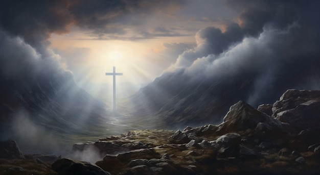 Vista da cruz religiosa 3d com clima sombrio