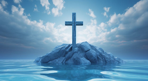 Vista da cruz religiosa 3d com gelo