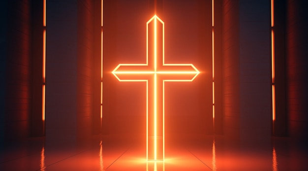 Foto grátis vista da cruz religiosa 3d com luz neon