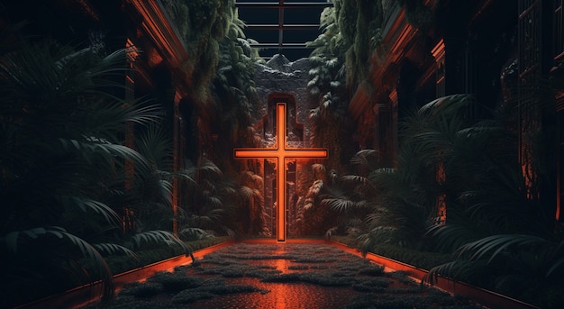 Foto grátis vista da cruz religiosa 3d com vegetação