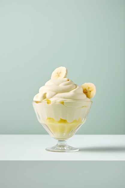 Vista da deliciosa sobremesa de sorvete congelado com bananas