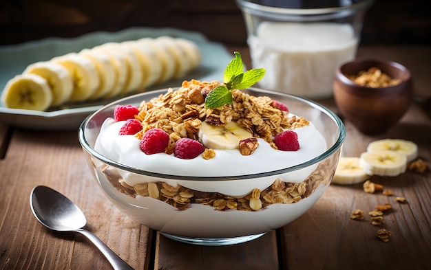 Foto grátis vista da deliciosa tigela de café da manhã com banana e variedade de frutas