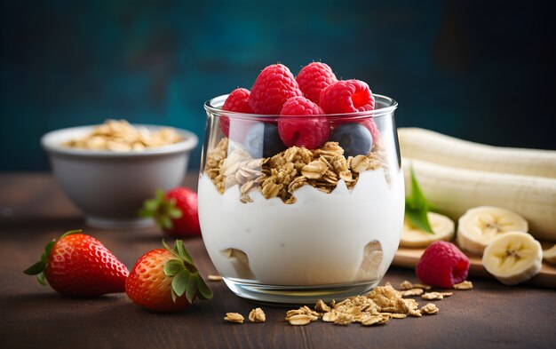 Vista da deliciosa tigela de café da manhã com banana e variedade de frutas