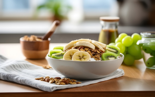 Foto grátis vista da deliciosa tigela de café da manhã com banana e variedade de frutas