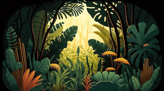 Vista da floresta da selva IA generativa de árvores tropicais