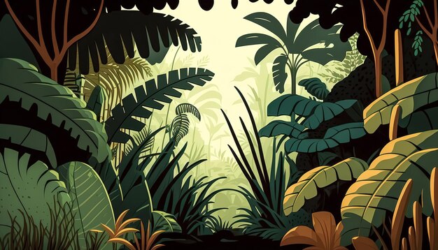 Vista da floresta da selva IA generativa de árvores tropicais