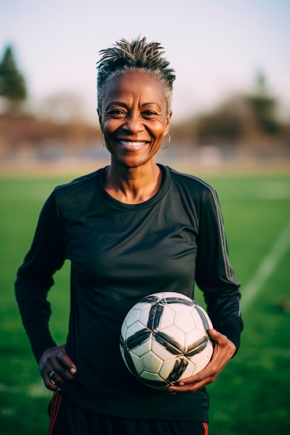 Vista da jogadora de futebol feminina segurando uma bola