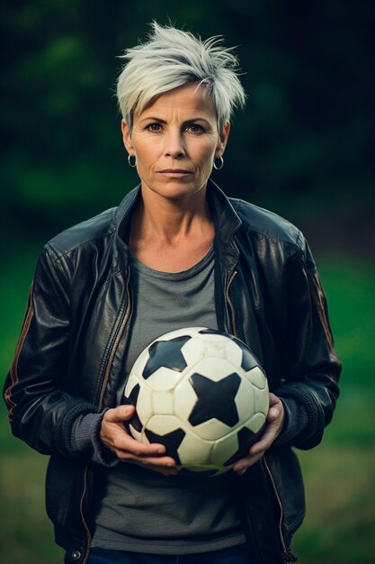 Vista da jogadora de futebol feminina segurando uma bola