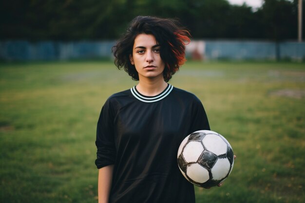 Vista da jogadora de futebol feminina segurando uma bola