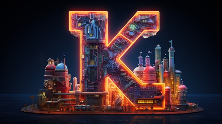 Foto grátis vista da letra 3d k com a cidade à noite