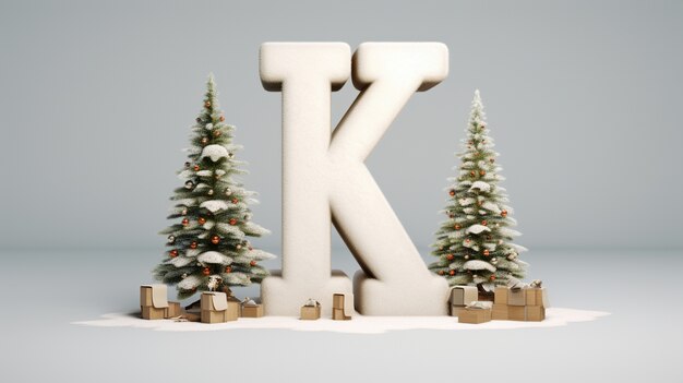 Vista da letra 3d k com árvores de Natal