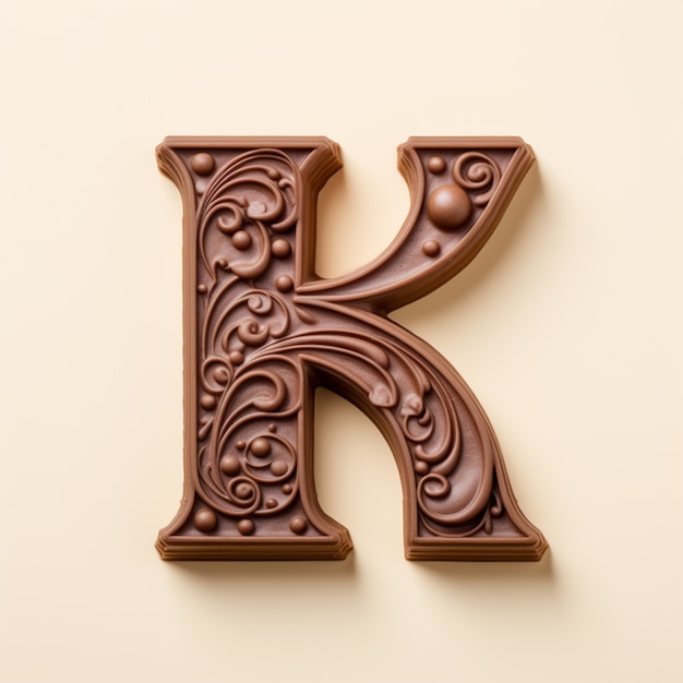 Vista da letra 3d k com desenho esculpido em chocolate