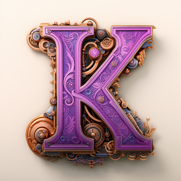 Vista da letra 3d k com design steampunk