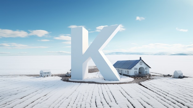 Foto grátis vista da letra 3d k com paisagem coberta de neve