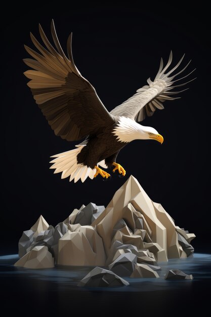 Vista da majestosa águia 3d com penas e asas bem abertas